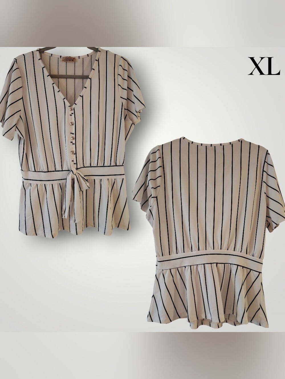 Lavish White with Black Vertical Stripe Peplum Tie-Front Blouse